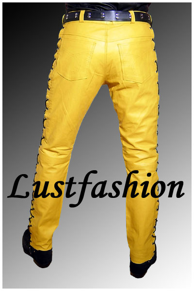 yellow faux leather pants