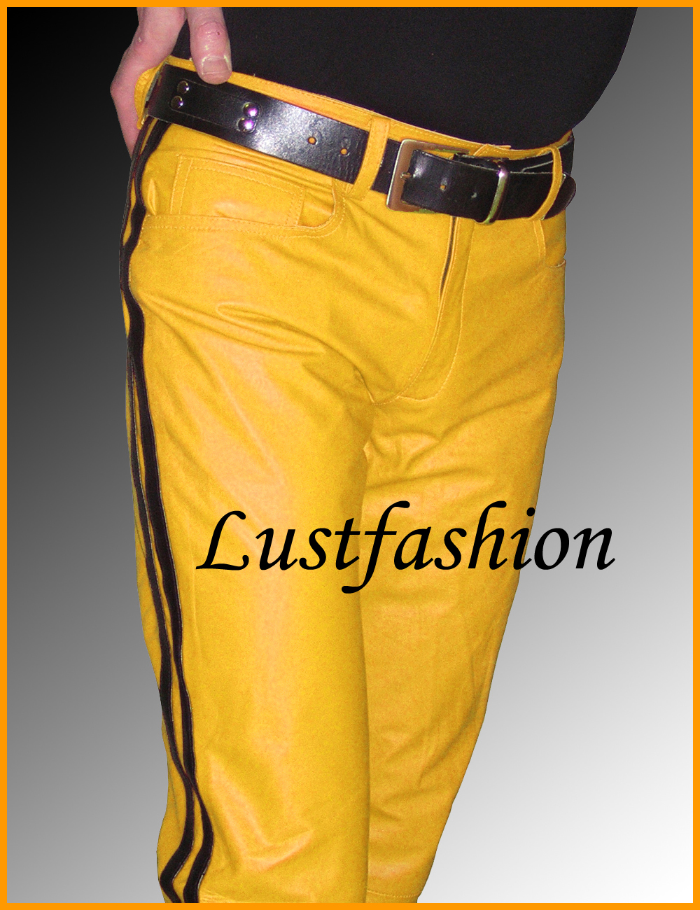 black trousers with yellow stripe