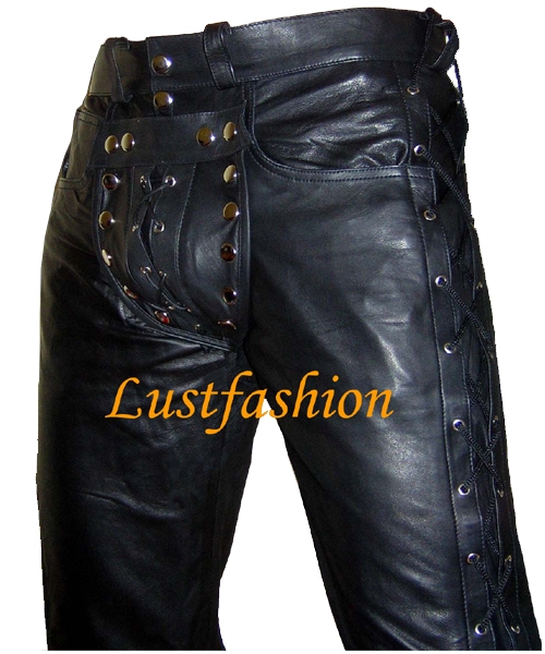 Leather jeans with lacing in different colours